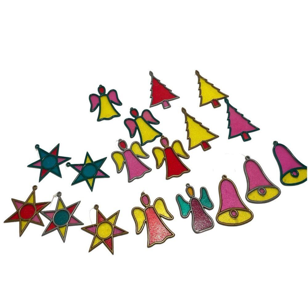18 Vtg 60s Plastic Stained Glass Christmas Tree Ornaments Decor Hong Kong MCM